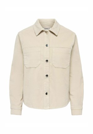 Beżowa kurtka ze sztruksu z długimi rękawami, dwoma kieszeniami na piersiach, zapięciem na guziki z przodu i kołnierzem.