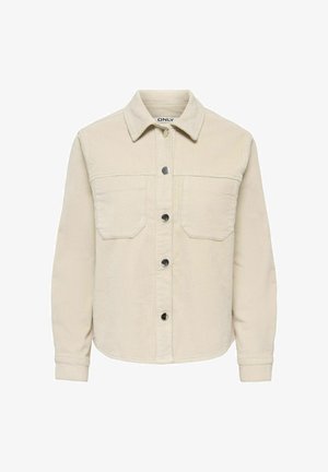 Veste beige en velours côtelé avec manches longues, deux poches poitrine, fermeture boutonnée à l'avant et col.