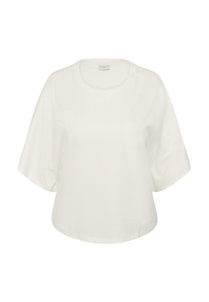 Bluză albă cu mâneci scurte, decolteu rotund și croială lejeră, prezentată pe un fundal alb simplu.