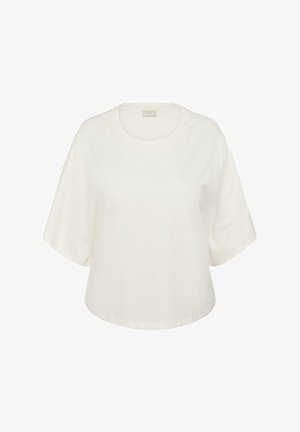 Fehér, rövid ujjú blúz kerek nyakkivágással és laza szabással, sima fehér háttér előtt bemutatva.