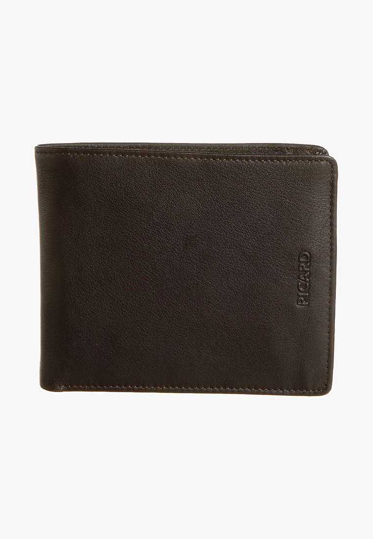 Brown leather wallet with a smooth texture. Features a simple design and embossed logo on the side. Compact rectangular shape.