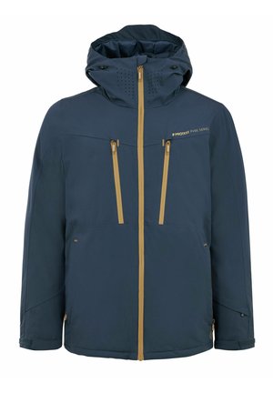 Chaqueta impermeable azul marino con capucha, cremalleras doradas en contraste y tres bolsillos frontales con cremallera, de textura suave y duradera.