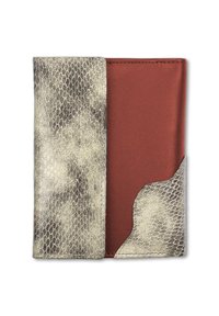 Rectangular wallet featuring a metallic snake print on one side and a smooth rust-colored material on the other. Accented edges.