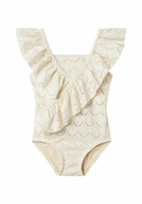 Kreminės spalvos maudymosi kostiumėlis su raukšlėtu iškirpimu, papuoštas lapų raštu ir tekstūruotu audiniu. Klasikinio vieno gabalo dizainas.