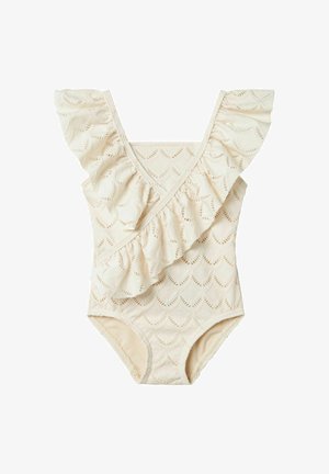 Kreemivärviline ujumiskostüüm ruffle-kaelusega, millel on lehtede muster ja tekstuuratud kangas. Klassikaline ühe osa disain.