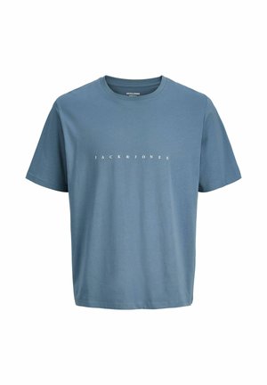 T-shirt bleu à manches courtes et col rond avec l'inscription "JACK & JONES" en blanc sur la poitrine.