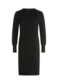 Schwarzes Strickkleid mit langen Ärmeln, runder Ausschnitt und einer Schleifendetail an der linken Schulter. Glatte Textur, knieumspielender Schnitt.