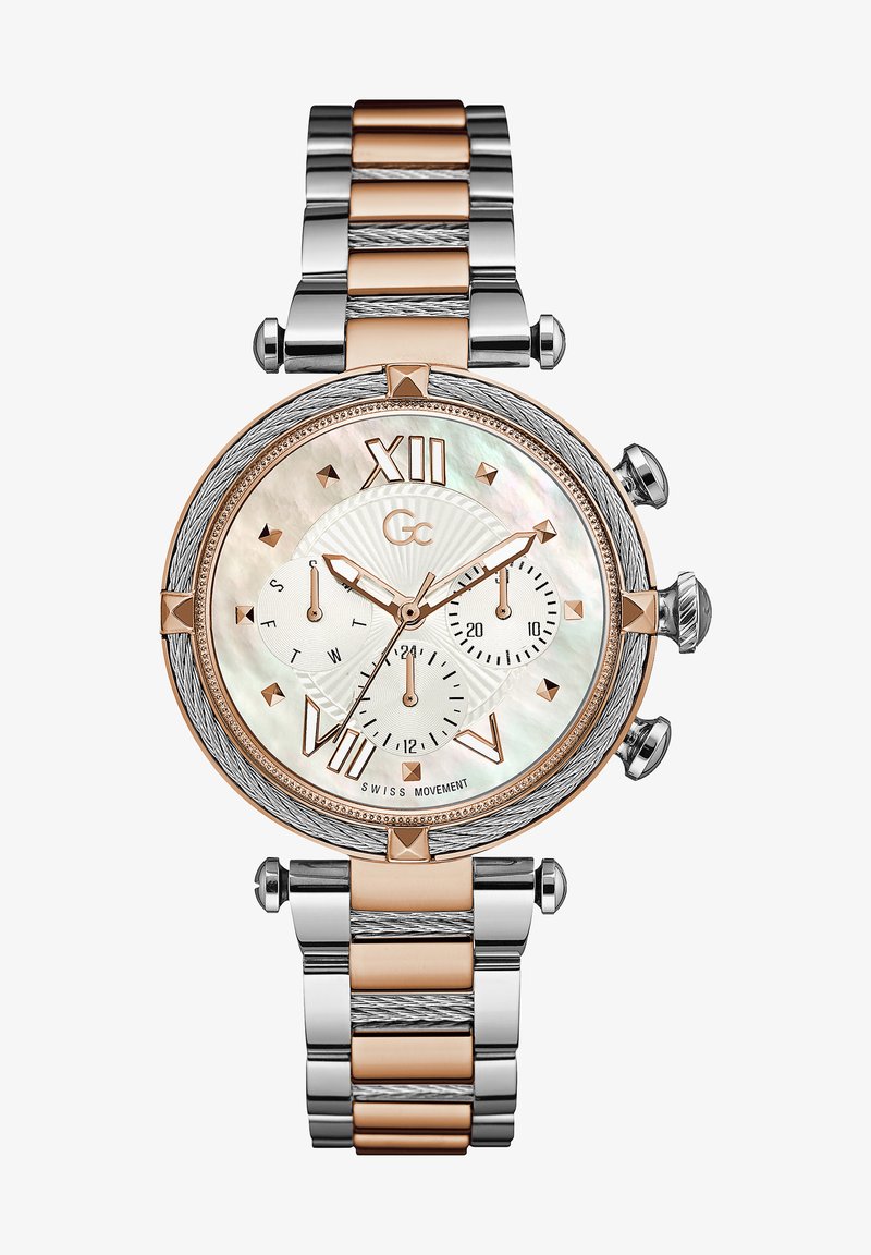 Hõbe- ja roosa kuldne roostevabast terasest kell emapärli näoga, rooma numbrite, kroonograafi aladeenide ja tekstureeritud rihma linkidega.