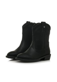 Botas de vaquero negras hechas de material sintético suave, con un patrón de estrellas, cremallera lateral y un tacón bajo apilado.