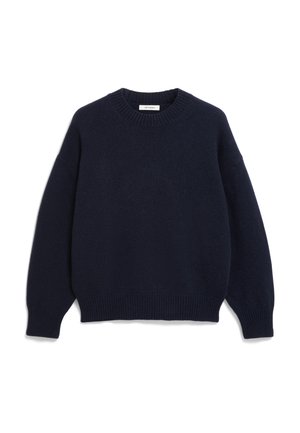 Navy blue knit sweater with a round neckline, dropped shoulders, and ribbed cuffs and hem. Soft texture with a relaxed fit.
