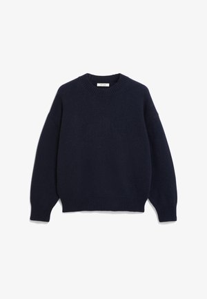Maglione a maglia blu navy con scollo rotondo, spalle scese e polsini e orlo a costine. Texture morbida con una vestibilità rilassata.
