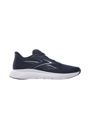Scarpa da corsa blu navy con suola bianca imbottita e logo nero e bianco sul lato, vista dal lato esterno.