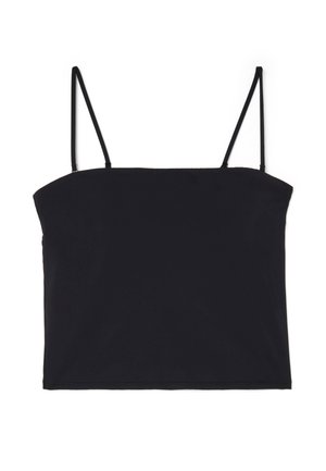 Top cropped negro tipo camisola con tirantes finos ajustables, escote recto y diseño simple sin costuras.