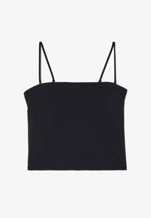 Top cropped negro tipo camisola con tirantes finos ajustables, escote recto y diseño simple sin costuras.