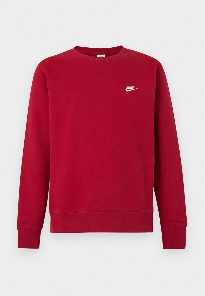 Sudadera roja de manga larga con cuello redondo y pequeño logo blanco de Nike en la parte superior izquierda del pecho, diseño liso, puños y bajo acanalados.