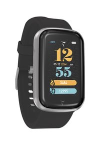 Smartwatch con display touchscreen rettangolare nero, cornice metallica e cinturino in silicone nero; mostra ora, data e statistiche di fitness.