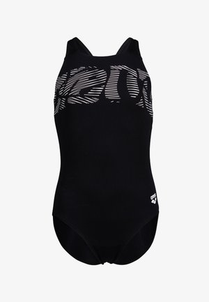 Černé plavky s vysokým výstřihem a tenkými ramínky. Na přední straně je bílý proužkovaný grafický motiv a v dolním rohu logo.