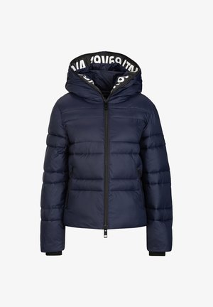 Navyblauer Puffer-Jacke mit Reißverschluss vorne, verstellbare Kapuze und gerippten Bündchen. Verfügt über ein gemustertes Innenfutter und ein horizontal gestepptes Design.