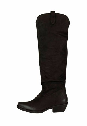 Bottes en suède noires jusqu'aux genoux avec un petit talon carré, un bout arrondi et une languette en haut pour un enfilage facile. Texture lisse sur toute la surface.