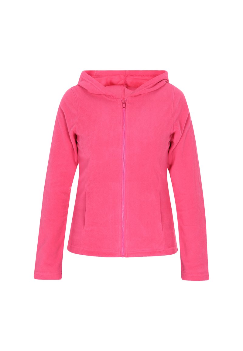 Felpa con zip di pile di colore rosa brillante, con cappuccio, maniche lunghe e tasche frontali. Tessuto morbido con chiusura a zip liscia.