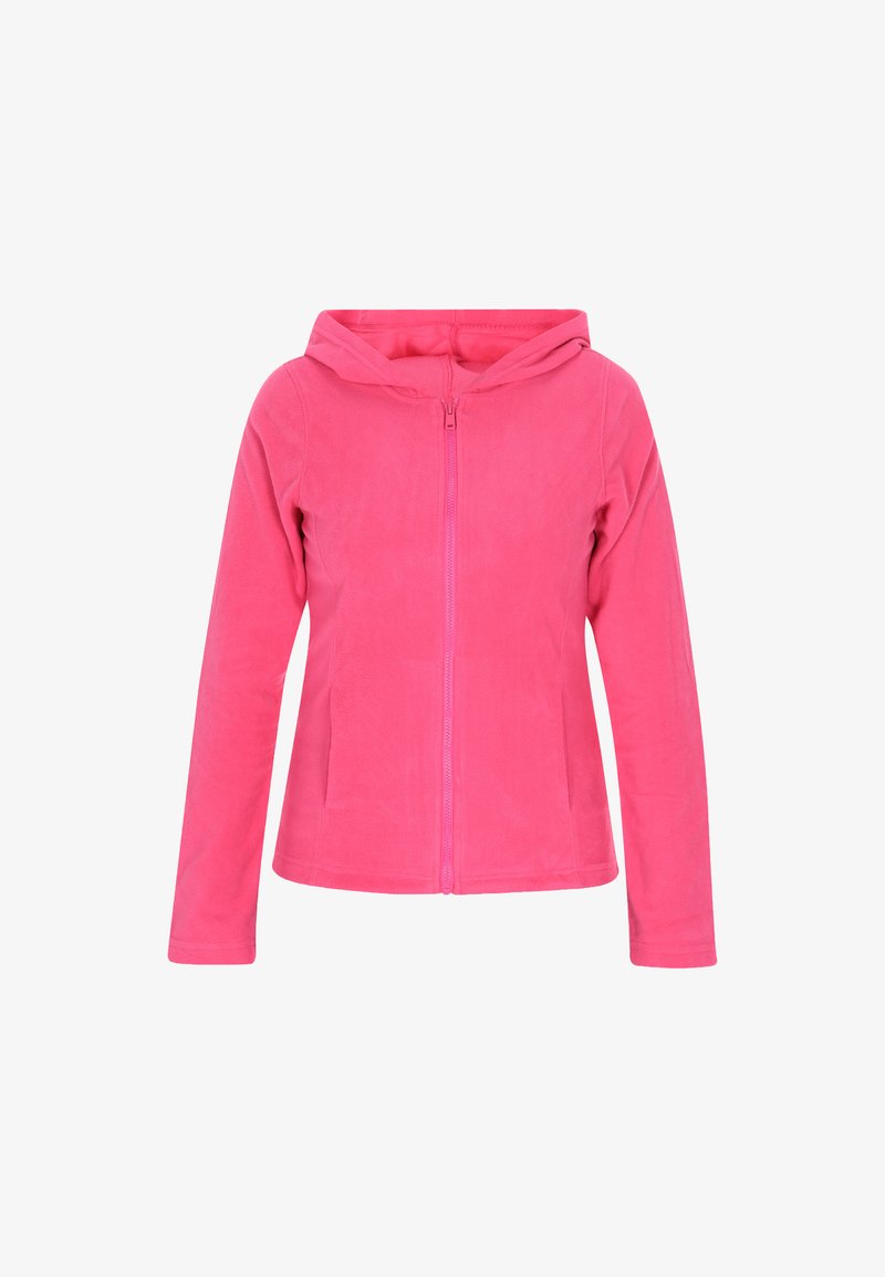 Fleece zip-up hoodie in bright pink, featuring a hood, long sleeves, and front pockets. Soft texture with a smooth zipper closure.