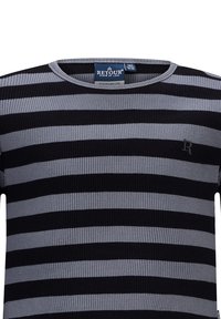 Schwarz-grau gestreiftes Kurzarm-Baumwollhemd mit Rippstruktur, das einen Rundhalsausschnitt und ein kleines Logodetail auf der Vorderseite aufweist.