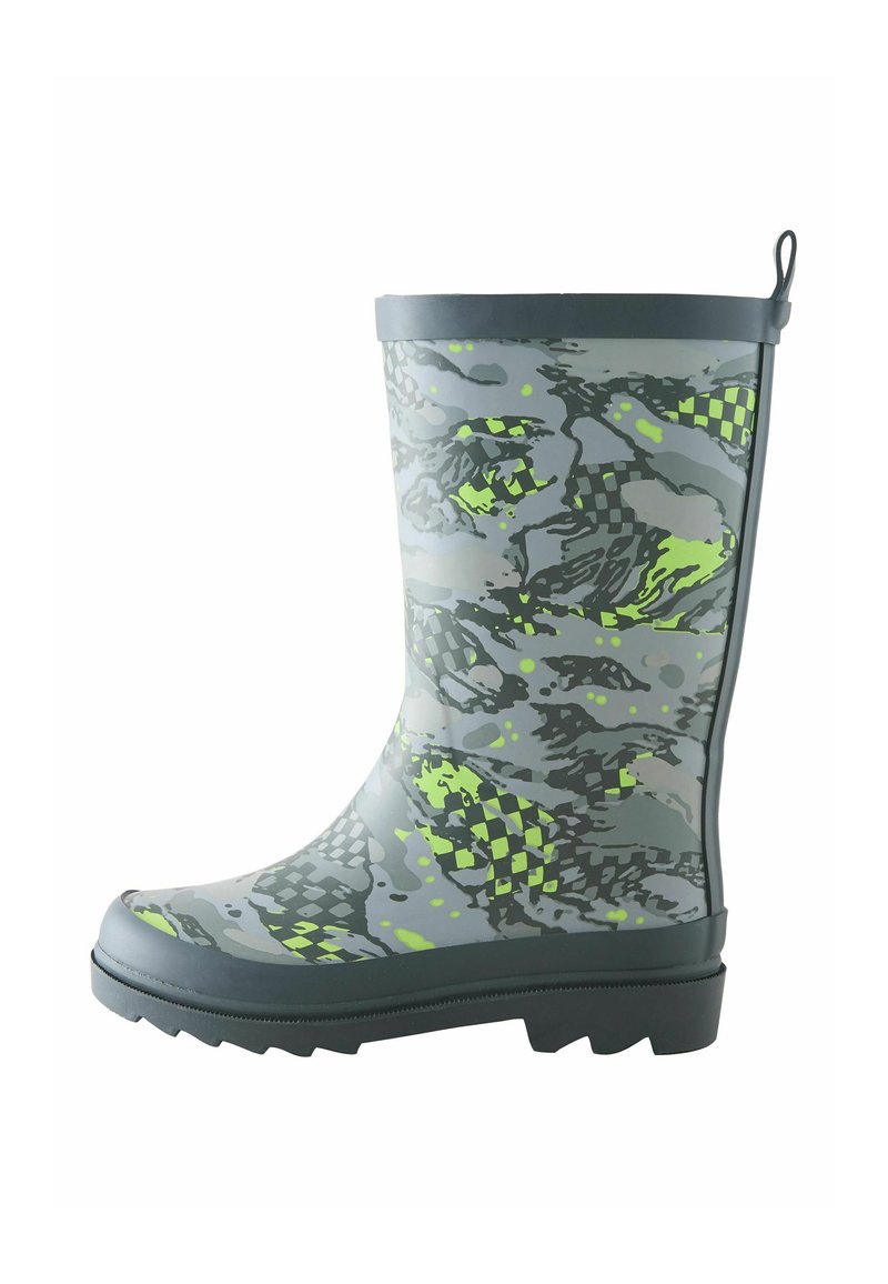 Rubber rain boot with a gray camouflage pattern featuring bright green accents. It has a textured sole and a pull tab at the top.