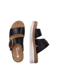 Black slide sandals with two wide straps and a decorative buckle. Cushioned insole, lightweight white sole with zigzag tread pattern.