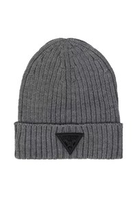 Bonnet en tricot gris avec une texture côtelée et un revers, orné d'un patch logo triangulaire noir.