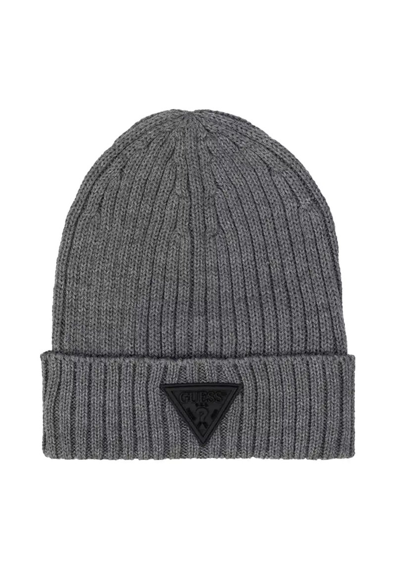 Bonnet en tricot gris avec une texture côtelée et un revers, orné d'un patch logo triangulaire noir.