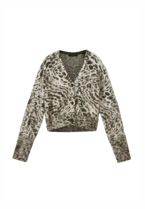 Cropped vest in beige met donker groene dierenprint. Heeft een V-hals, lange mouwen en een knoopsluiting aan de voorkant. Zachte textuur.