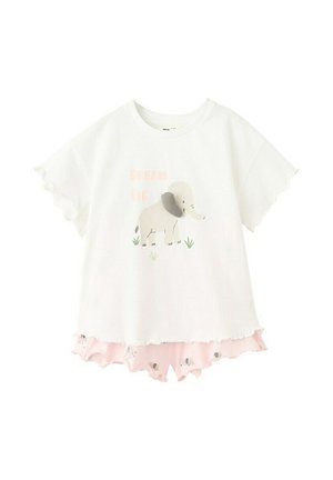 Top bianco a maniche corte con scritta "Dream Big" e grafica di elefante, abbinato a pantaloncini rosa con volant e piccole stampe di elefanti.