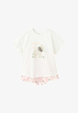 Top bianco a maniche corte con scritta "Dream Big" e grafica di elefante, abbinato a pantaloncini rosa con volant e piccole stampe di elefanti.