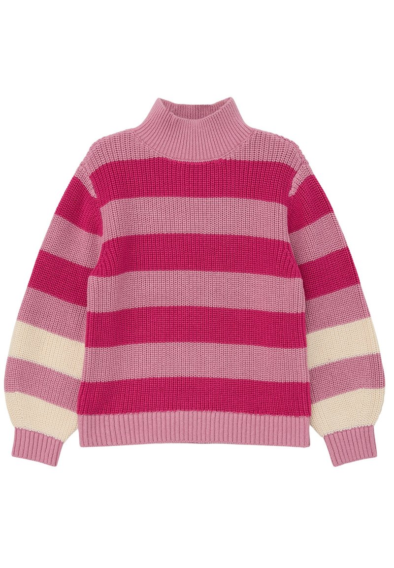 Gestreifter Strickpullover mit hohem Kragen, in wechselnden Farben von Pink, Hellpink und Creme. Rippbündchen und Saum, weiche Textur.
