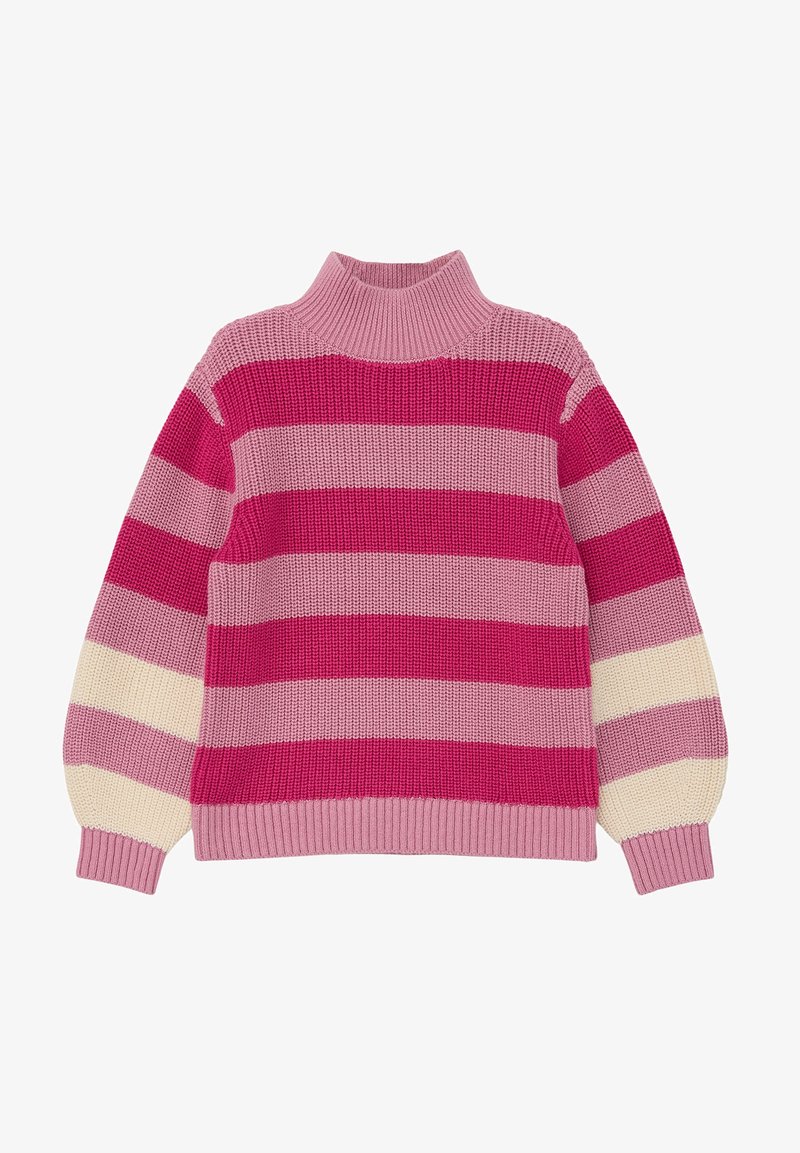 Gestreifter Strickpullover mit hohem Kragen, in wechselnden Farben von Pink, Hellpink und Creme. Rippbündchen und Saum, weiche Textur.