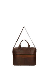 Braune Leder-Aktentasche mit zwei Griffen, verstellbarem Schulterriemen, vorderer Reißverschlusstasche und dezentem Markenlogo auf der Vorderseite.