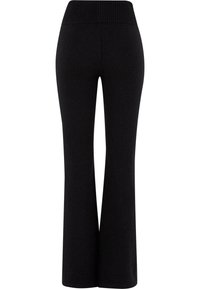 Black flared pants with a ribbed high waistband, crafted from soft fabric, featuring a smooth texture and tailored fit through the legs.