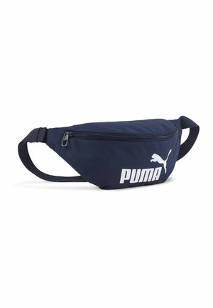 Navy blue Puma waist bag with adjustable strap, zipper closure, and white Puma logo on the front against a white background.