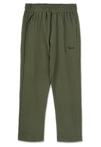 Olivovo zelené pruhované nohavice s elastickým pásom, bočnými vreckami a malým čiernym logom vpredu. Materiál má textúrovaný povrch.