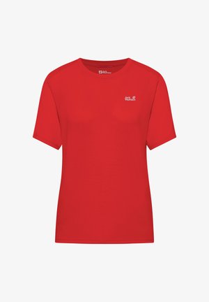Rotes T-Shirt mit kurzen Ärmeln aus glattem Stoff. Verfügt über einen Rundhalsausschnitt und ein kleines Logo auf der linken Seite. Einfaches und schmuckloses Design.