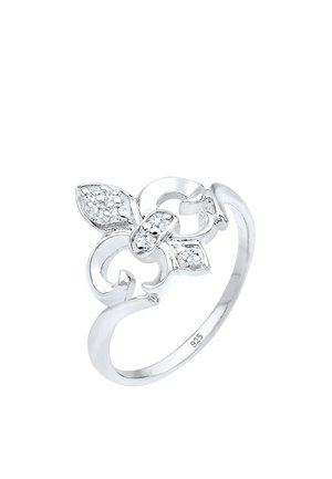 Sølvring med et blomstermotiv og klare ædelsten. Selve ringen er glat og slank, fremstillet af 925 sterling sølv.