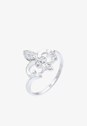 Zilveren ring met een bloemenontwerp en heldere edelstenen. De band is glad en slank, vervaardigd uit 925 sterling zilver.