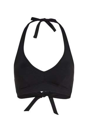 Must musta kaelaga bikiinitopp, millel on paelad kaela ja selja taga, V-kujuline kaelus ning lihtne, sile kangas.