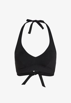 Must musta kaelaga bikiinitopp, millel on paelad kaela ja selja taga, V-kujuline kaelus ning lihtne, sile kangas.