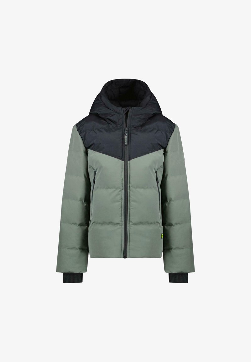 Gewatteerde jas met een zwarte capuchon en schoudergedeelte, met een olijfgroene romp, een ritssluiting aan de voorkant en elastische manchetten voor extra warmte.