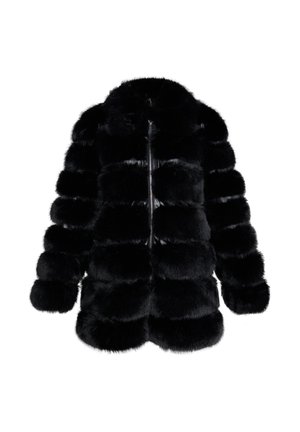 Schwarzer Kunstfellmantel mit puffy Design, ausgestattet mit horizontalen Streifen, einem hohen Kragen und einem Front-Reißverschluss. Weiche Textur, Ärmel in mittellanger Länge.