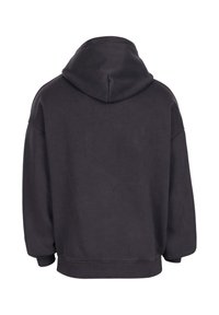 Mørkegrå oversized hættetrøje med en stor hætte, ribbestrikkede ærmer og ribbestrikket liv, vist bagfra på en hvid baggrund.