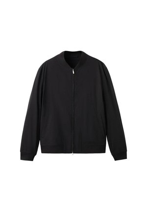 Veste bomber noire avec fermeture éclair à l'avant, col, poignets et ourlet côtelés, et deux poches latérales, affichée sur fond blanc.