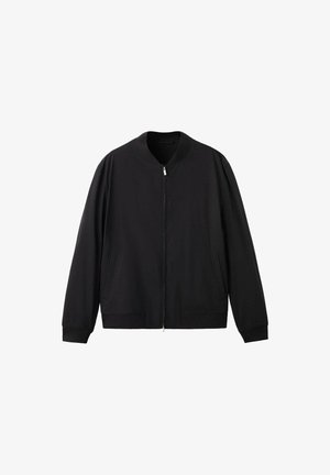 Black bomber jacket with front zipper, ribbed collar, cuffs, hem, and two side pockets, displayed on a white background.