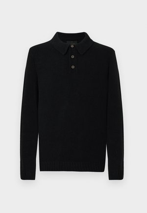 Maglione polo a maniche lunghe nero realizzato in tessuto a maglia, con colletto, patta con tre bottoni e polsini a coste sulle maniche e sull'orlo.
